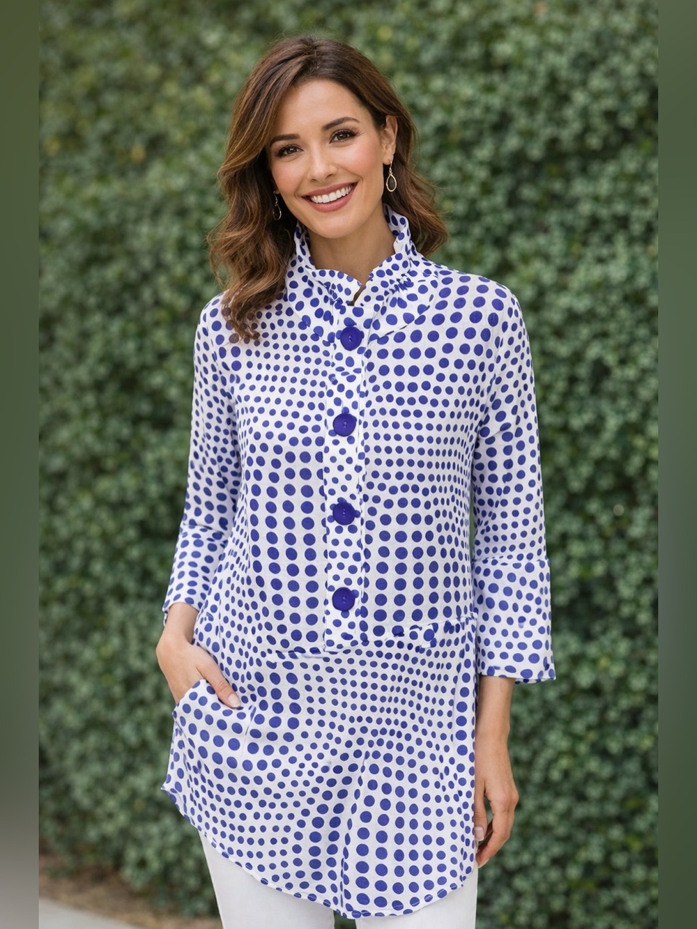 Terra SJ Apparel Polka Dot Ruffle Tunic Sz L Stand Up Collar Color Assymmetric